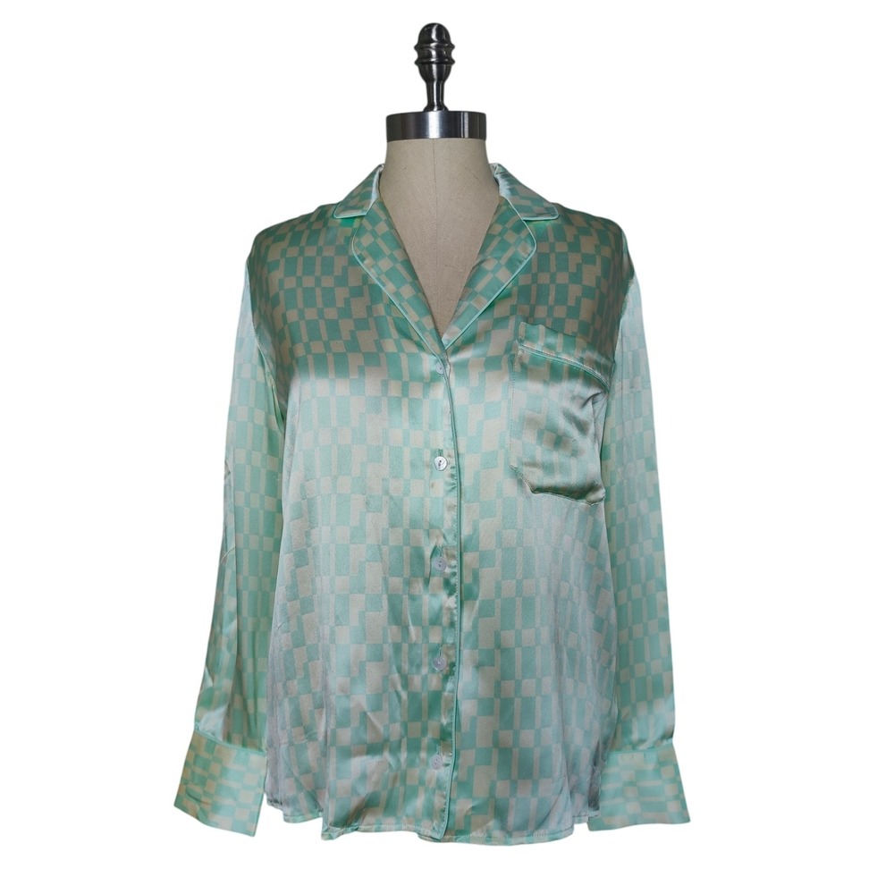 Club Monaco 100% Silk Geometric Button Down Sleep Shirt Green Checker XS
